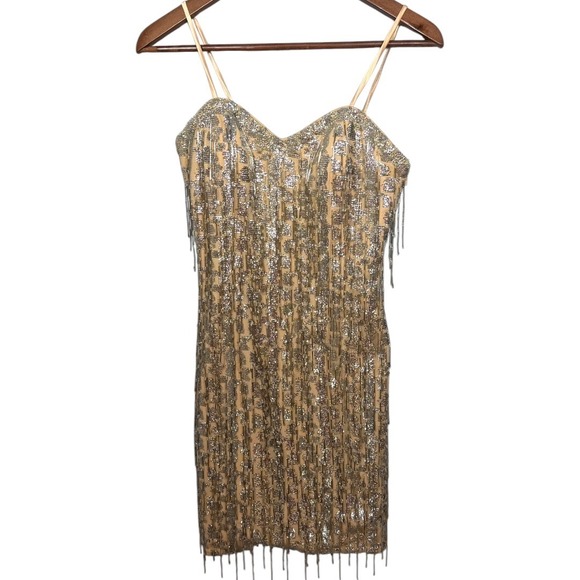 Cache Dresses & Skirts - Vtg Y2K Caché Beaded Fringe Mini Dress Sz 2 XS Concert Party Hoco New Years Eve